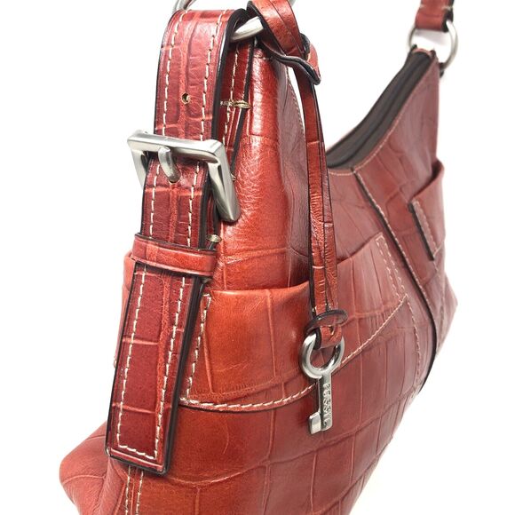 VTG Fossil Leather Shoulder Bag Faux Crocodile Siena Crescent Hobo #75082 - Picture 2 of 15